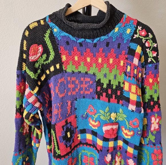 Celina Yang vintage Spring garden ABCD knit mock neck sweater Large - Picture 5 of 8